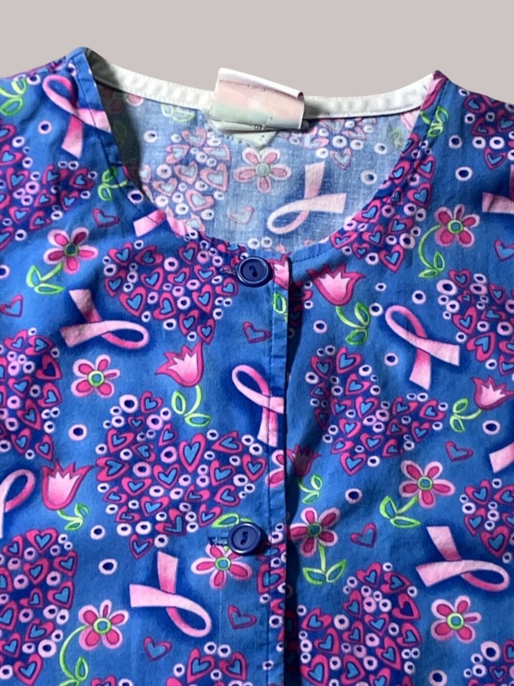 Peaches Womens Blue Pink Ribbon and Floral Print Scrub Jacket100% Cotton - Picture 5 of 13